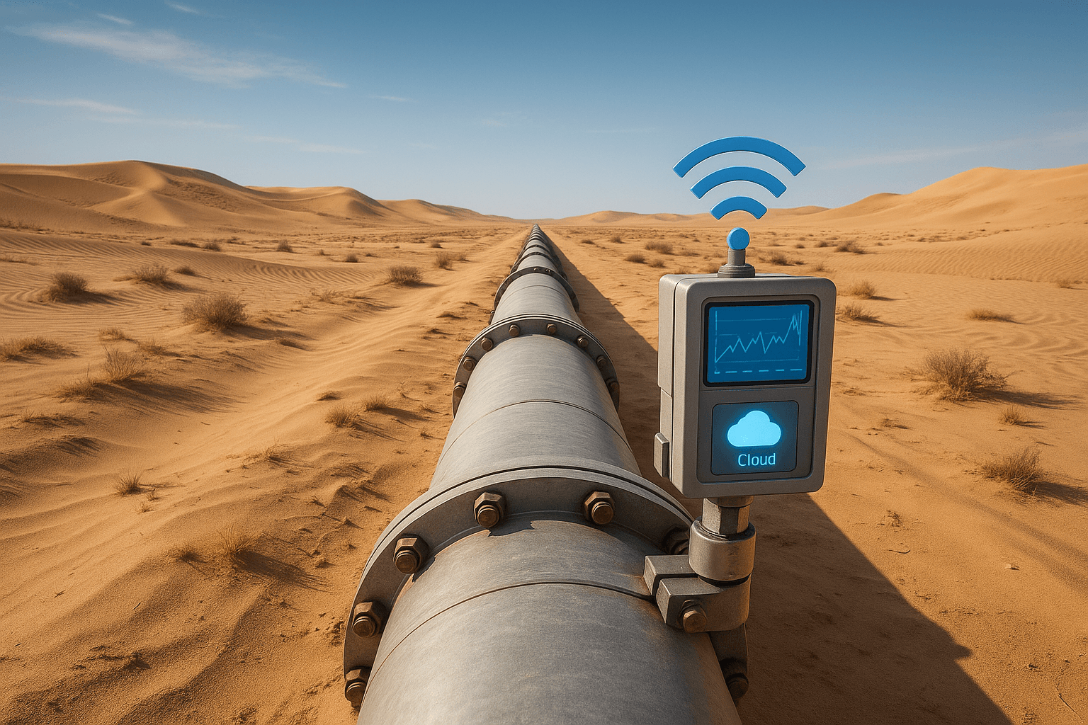 SafePipe sensor network device deployed on pipeline in desert environment